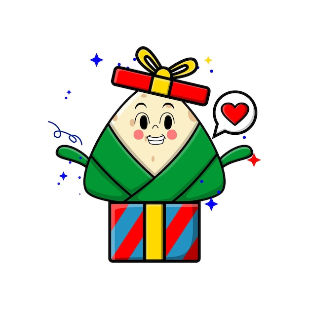 Lindo personaje de bola de masa hervida de arroz chino de dibujos animados que sale de una gran caja de regalo se ve tan feliz