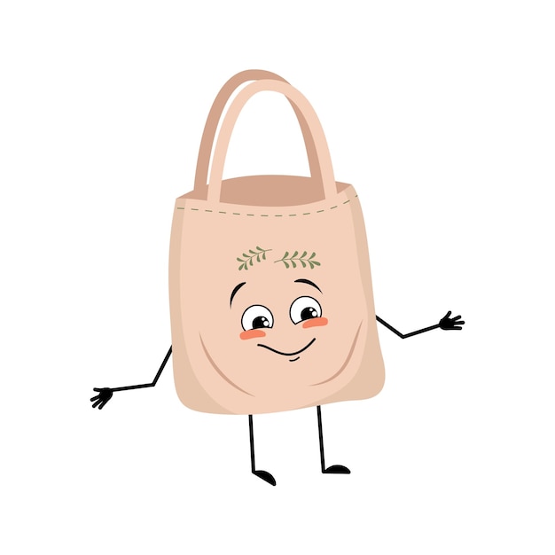 Lindo personaje bolsa de tela con emociones felices cara alegre sonrisa ojos brazos y piernas comprador con cara divertida alternativa ecológica a la bolsa de plástico vector ilustración plana