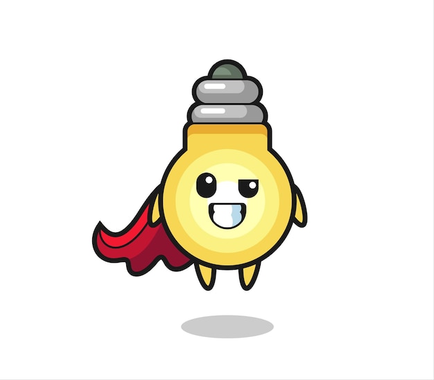 El lindo personaje de la bombilla como un superhéroe volador, diseño de estilo lindo para camiseta, pegatina, elemento de logotipo