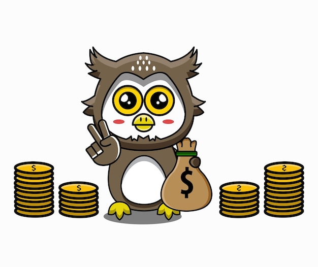 El lindo personaje búho de ojos grandes sosteniendo una bolsa de dinero haciendo un signo de paz de pie en medio de pilas de monedas