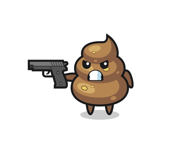 El lindo personaje de caca dispara con una pistola, diseño de estilo lindo para camiseta, pegatina, elemento de logotipo