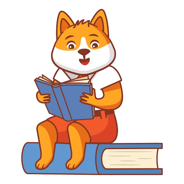 El lindo personaje de cachorro de dibujos animados está sentado en un libro leyendo libros