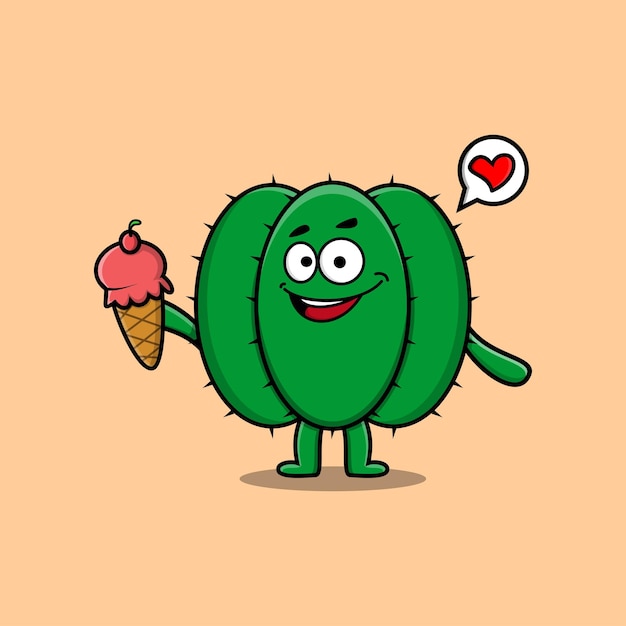 Lindo personaje de cactus de dibujos animados sosteniendo un cono de helado en una ilustración moderna de estilo lindo