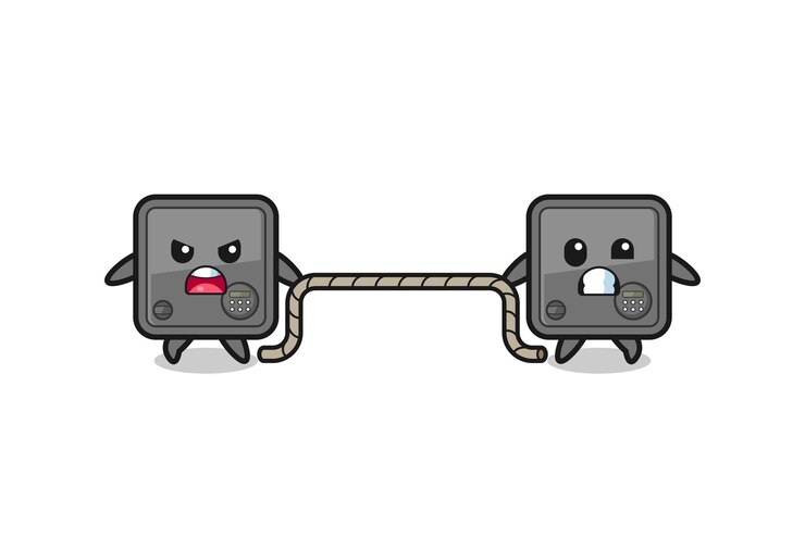 Vector lindo personaje de caja de seguridad está jugando juego de tira y afloja lindo diseño