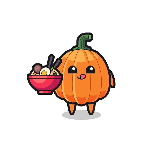 Lindo personaje de calabaza comiendo fideos