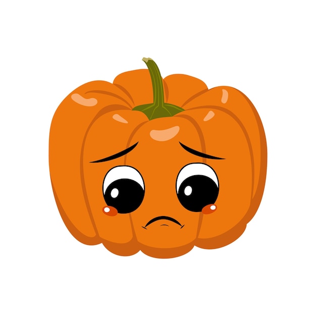 Lindo personaje de calabaza con emociones tristes, cara deprimida, ojos bajos. Decoración festiva para Halloween. Héroe de naranja vegetal