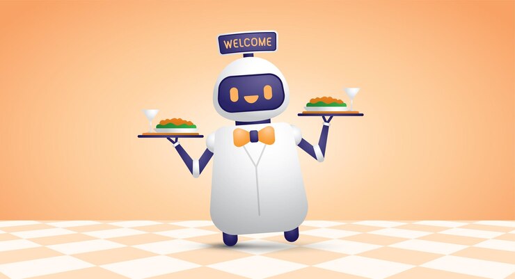 Vector lindo personaje de camarero robótico feliz está sirviendo vector de ilustración de comida