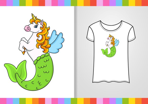 Lindo personaje en camisa lindo unicornio sirena dibujado a mano