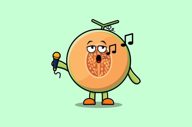 Lindo personaje de cantante de melón de dibujos animados con micrófono en ilustraciones de diseño de estilo plano moderno