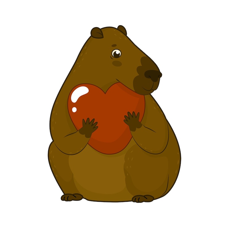 Vector lindo personaje de capibara animal adorable de américa del sur hámster gigante sostiene un gran corazón pancarta del día de san valentín ilustración vectorial aislada sobre un fondo transparente