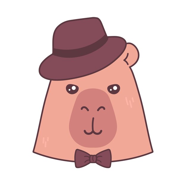 El lindo personaje de capibara con sombrero y pajarita El icono de dibujos animados de la cara de Capibara Ilustración vectorial