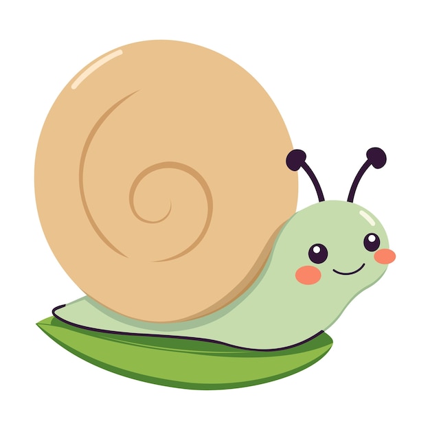 El lindo personaje de caracol Kawaii con una concha giratoria sobredimensionada en una hoja pequeña, ilustración vectorial minimalista plana