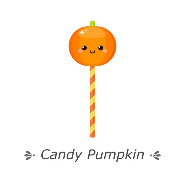 Vector lindo personaje de caramelo jack o lantern en forma de calabaza en palo rayado ilustración vectorial plana aislada en fondo blanco dulces de truco o trato de halloween para diseño de vacaciones de impresión de aplicaciones móviles web