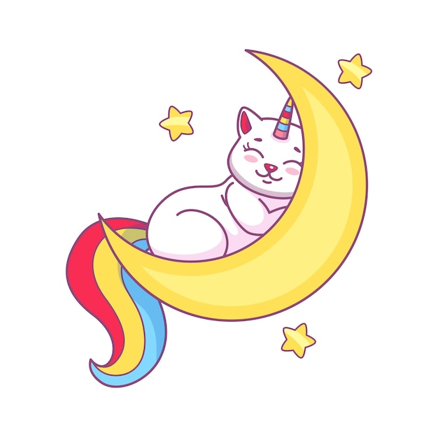 Lindo personaje de caticorn de dibujos animados durmiendo en la luna