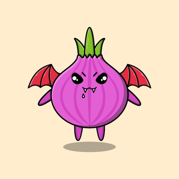 Lindo personaje de cebolla de dibujos animados mascota como drácula con alas