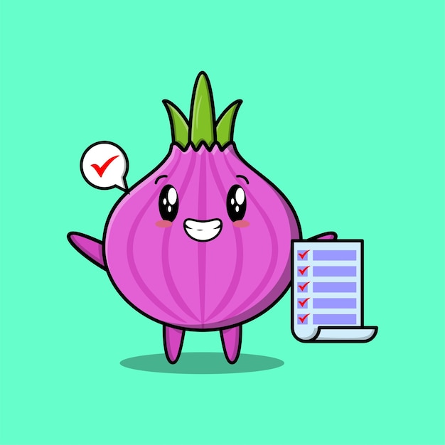 Lindo personaje de cebolla de dibujos animados con nota de lista de verificación en concepto de estilo de dibujos animados en 3d