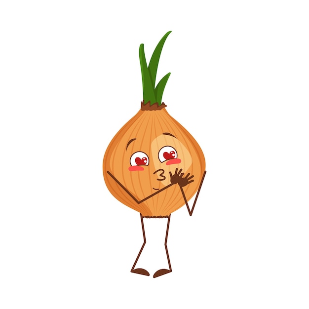 Lindo personaje de cebolla se enamora de ojos, corazones, brazos y piernas. El héroe divertido o de la sonrisa, vegetal. Ilustración vectorial plana