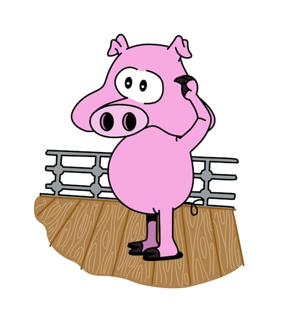 Un lindo personaje de cerdo en un barco de pie y haciendo el saludo militar Vector de estilo de dibujos animados divertido