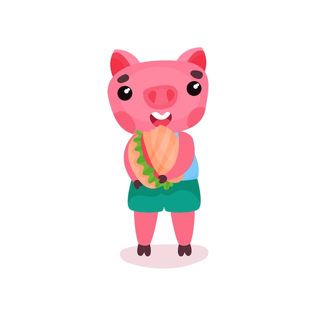 Lindo personaje de cerdo comiendo hamburguesa divertidos dibujos animados piggy animal vector ilustración sobre un fondo blanco