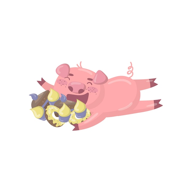 Lindo personaje de cerdo tirado en el suelo y comiendo dulces divertidos dibujos animados alcancía animal vector ilustración sobre un fondo blanco