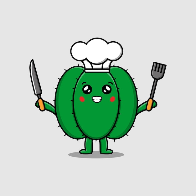 Lindo personaje de chef de cactus de dibujos animados con cuchillo y tenedor en ilustración de estilo de dibujos animados plana