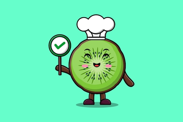 Vector lindo personaje de chef de fruta de kiwi de dibujos animados sosteniendo el letrero correcto en la ilustración de carácter vectorial