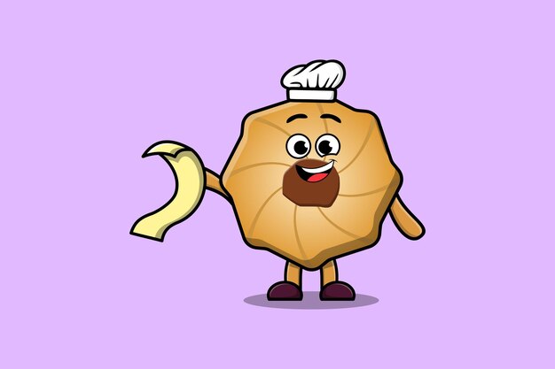 Lindo personaje de chef de galletas de dibujos animados con menú en la mano ilustración de diseño de estilo lindo