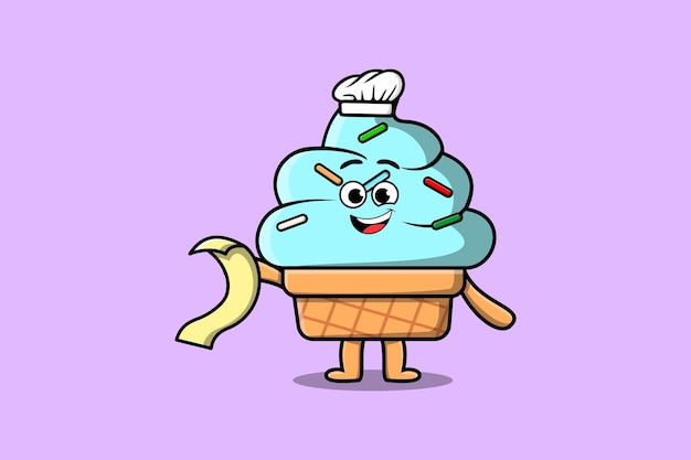 Vector lindo personaje de chef de helado de dibujos animados con menú en la mano ilustración de diseño de estilo lindo