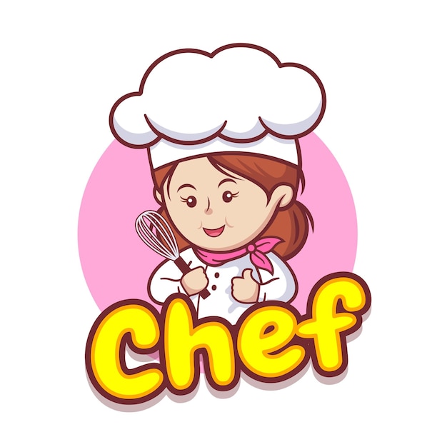 Lindo personaje de chef de niña sosteniendo batidor para plantilla de logotipo de tienda