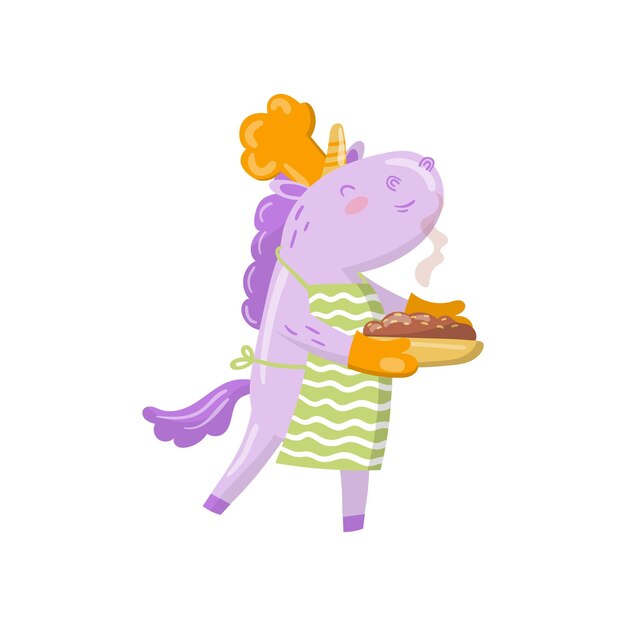 Lindo personaje de chef unicornio con vector de dibujos animados animales mágicos divertido pastel recién horneado ilustración sobre un fondo blanco