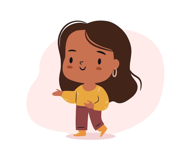 Lindo personaje de chica chibi apuntando a algo. mujer afroamericana de dibujos animados