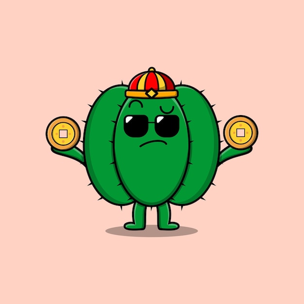 Lindo personaje chino de cactus de dibujos animados con moneda en ilustración de icono de vector