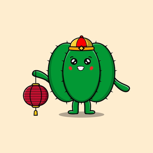 Lindo personaje chino de cactus de dibujos animados sosteniendo la linterna en la ilustración del icono del vector