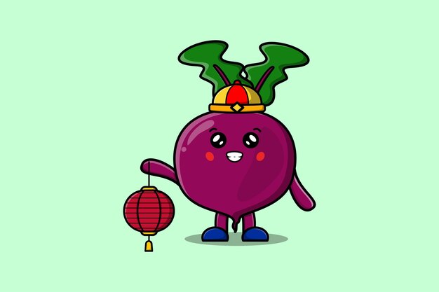 Lindo personaje chino de dibujos animados remolacha sosteniendo linterna en ilustración de icono de vector