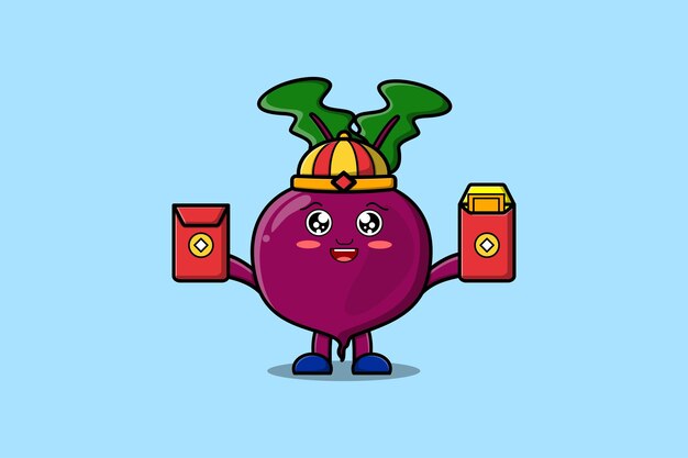 Lindo personaje chino de dibujos animados de remolacha sosteniendo paquetes rojos vector icono ilustración