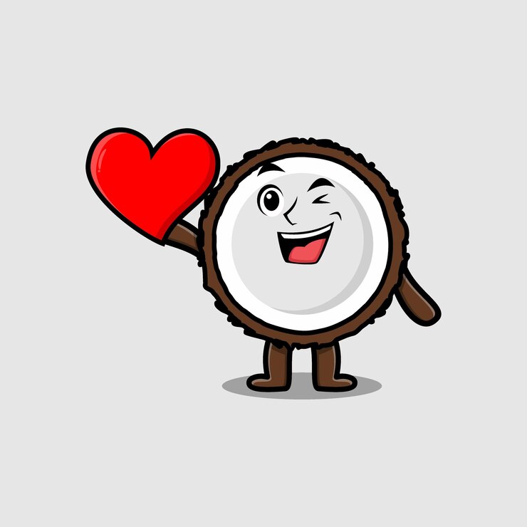 Vector lindo personaje de coco de dibujos animados con un gran corazón rojo en un diseño de estilo moderno