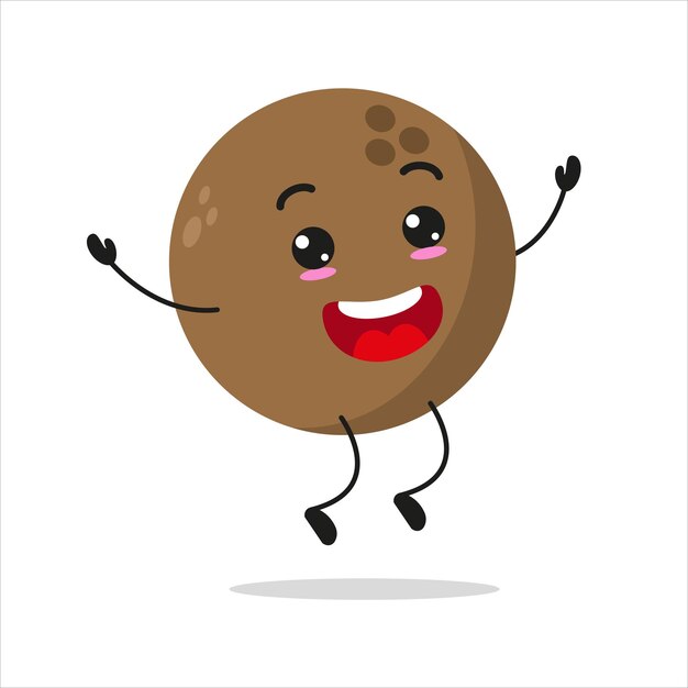 Lindo personaje de coco feliz Emoticono de dibujos animados de coco de salto divertido en vector de emoji de coco de estilo plano