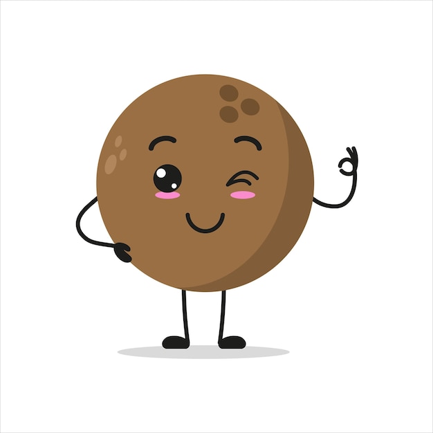 Lindo personaje de coco Sonriente gracioso y emoticono de dibujos animados de coco en vector de emoji de coco de estilo plano