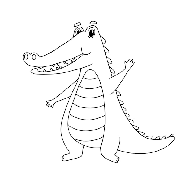 Lindo personaje de cocodrilo Cocodrilo divertido aislado en blanco Ilustración de vector de contorno para libro de colorear