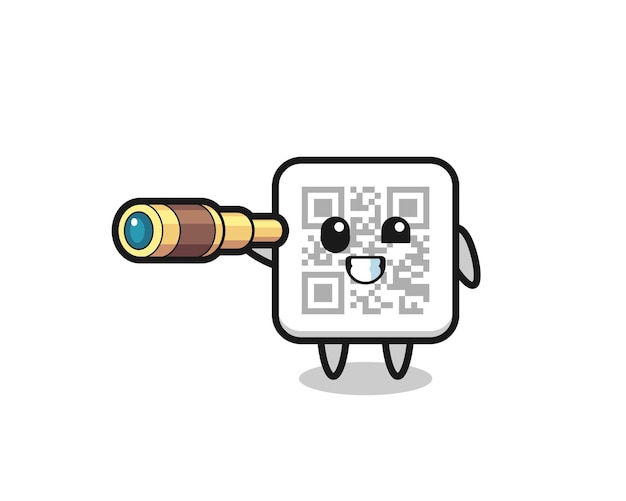 Lindo personaje de código qr está sosteniendo un viejo telescopio