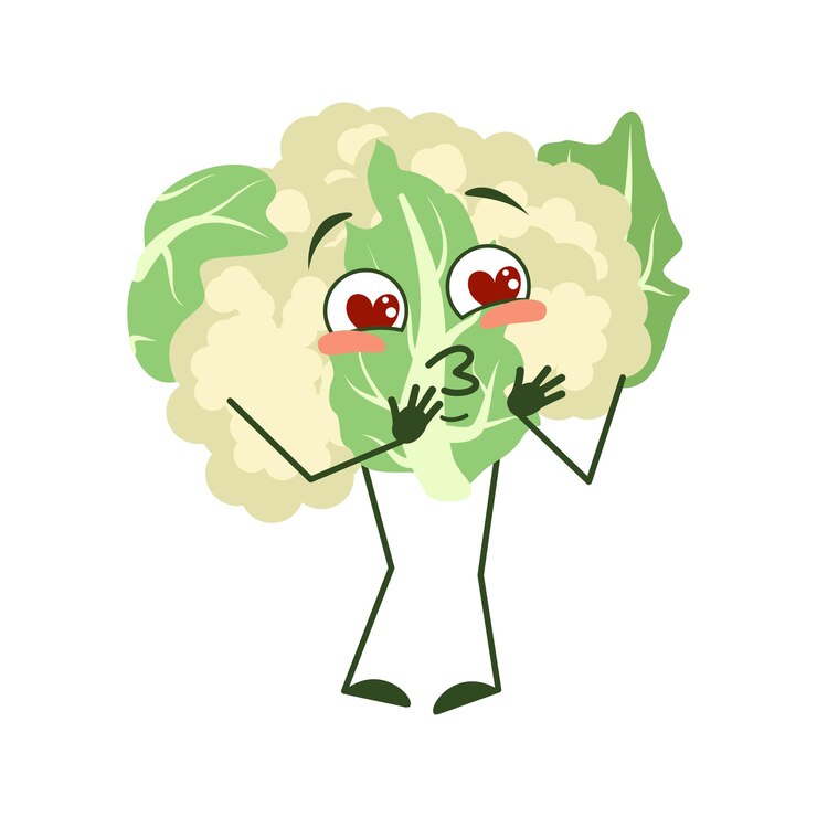 Vector lindo personaje de coliflor se enamora de ojos corazones beso cara brazos y piernas el gracioso o sonrisa ...