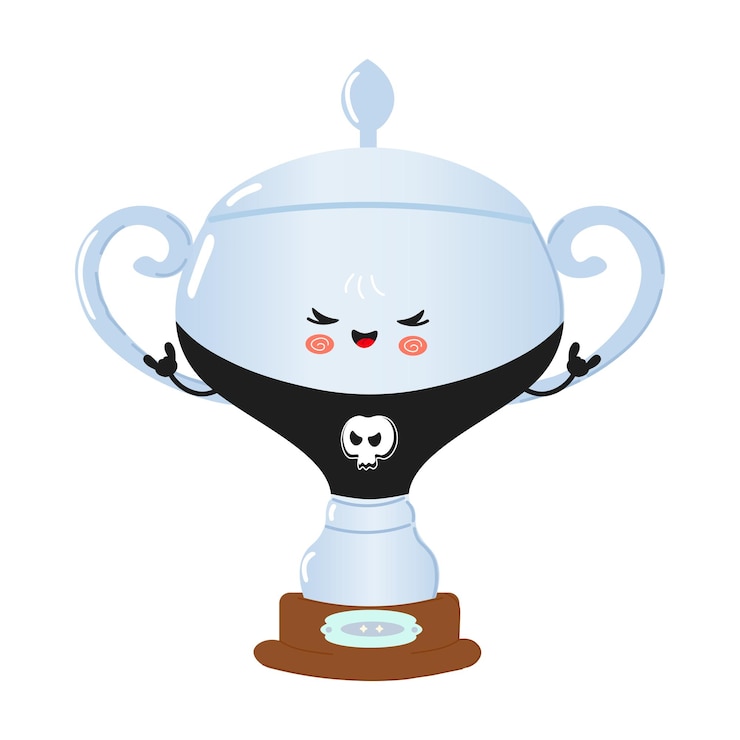 Vector el lindo personaje de la copa de trofeo de plata de dibujos animados con una camisa de calavera y un vector de postura lúdica dibujado a mano