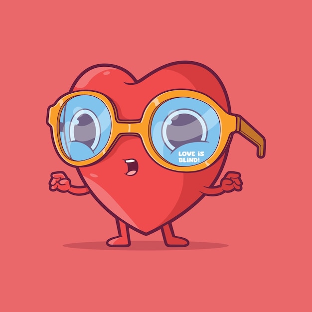 Lindo personaje de corazón con gafas ilustración vectorial concepto de diseño de marca de amor divertido