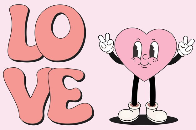Lindo personaje de corazón groovy con signos de paz al lado de la palabra amor en un estilo de dibujos animados retro lúdico