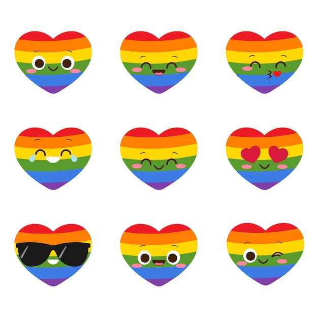 Lindo personaje de corazón LGBT sonriente. Conjunto de emoji de corazón de colores de arco iris feliz de dibujos animados. Derechos LGBTQ. Orgullo gay. Ilustración de vector de tarjeta de día de San Valentín