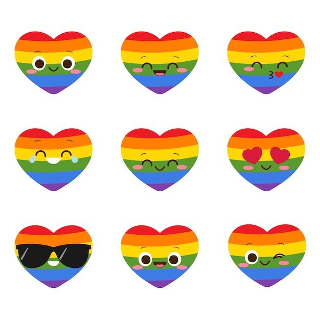 Lindo personaje de corazón lgbt sonriente. conjunto de emoji de corazón de colores de arco iris feliz de dibujos animados. derechos lgbtq. orgullo gay. ilustración de vector de tarjeta de día de san valentín