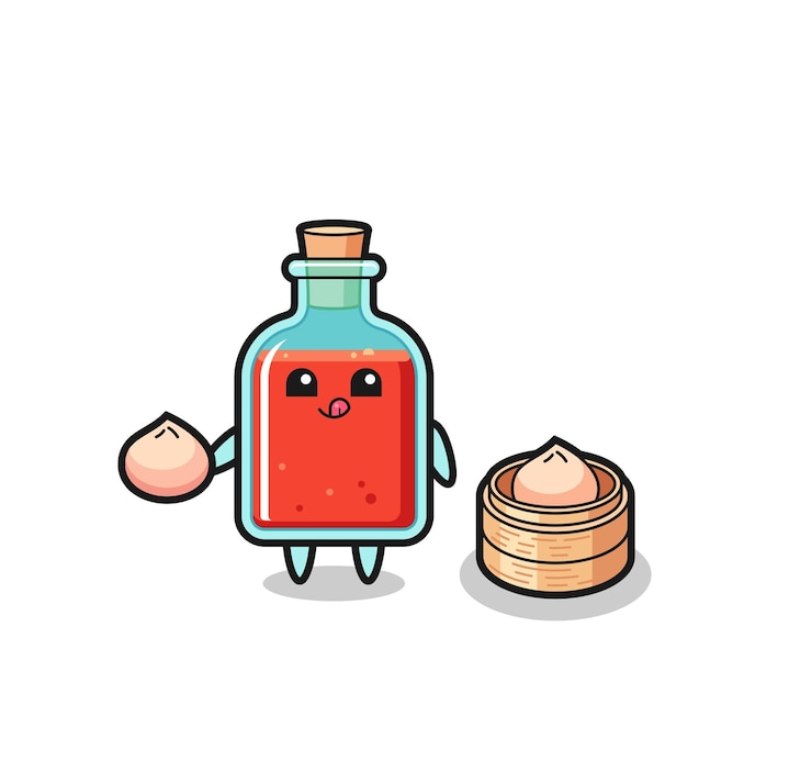 Vector lindo personaje cuadrado de botella de veneno comiendo bollos al vapor