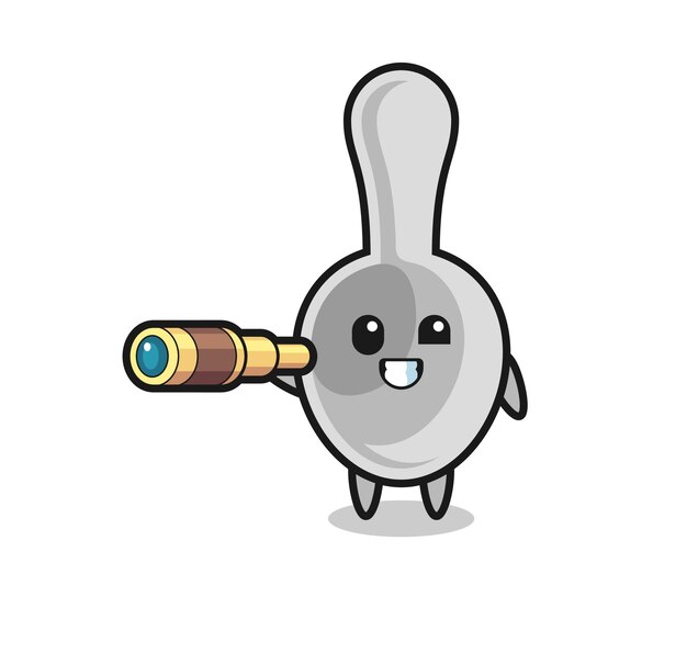 Lindo personaje de cuchara sostiene un viejo telescopio