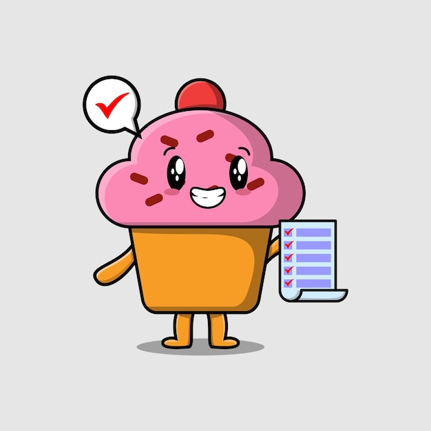 Lindo personaje de Cupcake de dibujos animados con nota de lista de verificación en concepto de estilo de dibujos animados plana