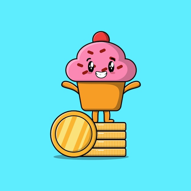 Lindo personaje de cupcake de dibujos animados de pie en la ilustración de vector de moneda de oro apilada en dibujos animados planos